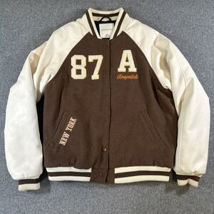Aeropostale 87A Varsity Jacket Brown Cream Faux Leather Sleeve Size Small